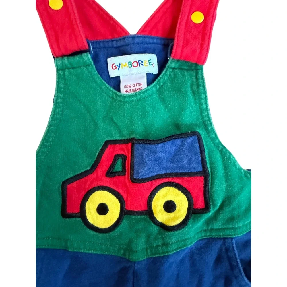 Vintage Gymboree Kids Blue Red Green Colorblock Truck Overalls Romper XS Cotton